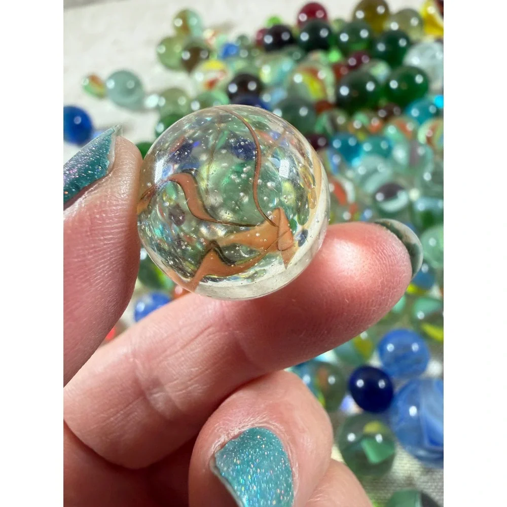 Large Lot Vintage Glass Marbles Assorted Colors Styles in Glass Mason Jar Lid